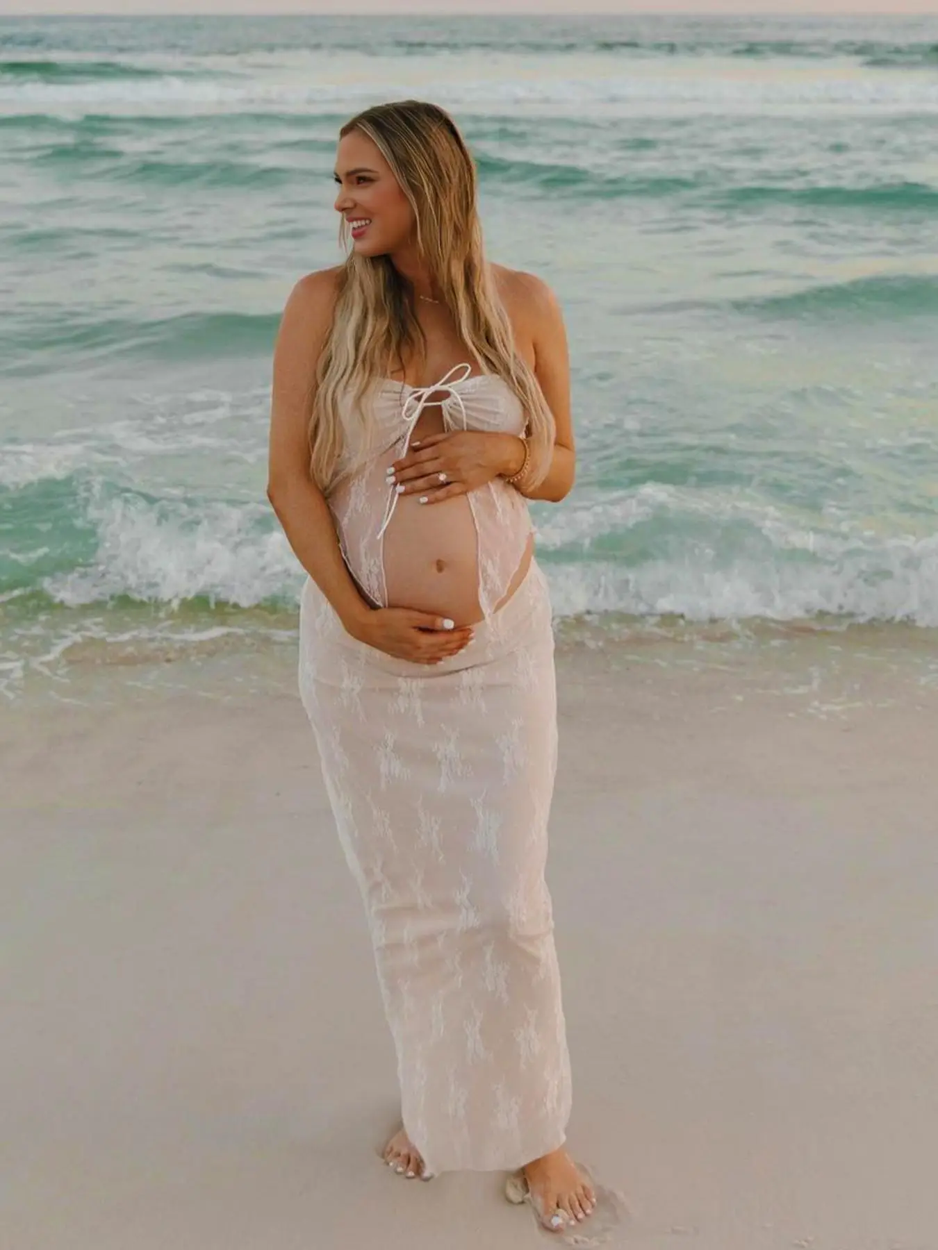 Two-piece Set Maternity's Floral Lace Backless Tube Top & Skirt, Elegant Strapless Tie Front Top & Bodycon Skirt for Baby Shower Photoshoot, Maternity