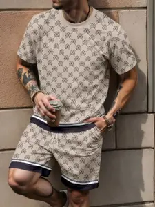 Men's Geometric Print Short Sleeve T-Shirt and Shorts Set, Casual Fitted Knee Length, Summer Fashion Clothing, Menswear