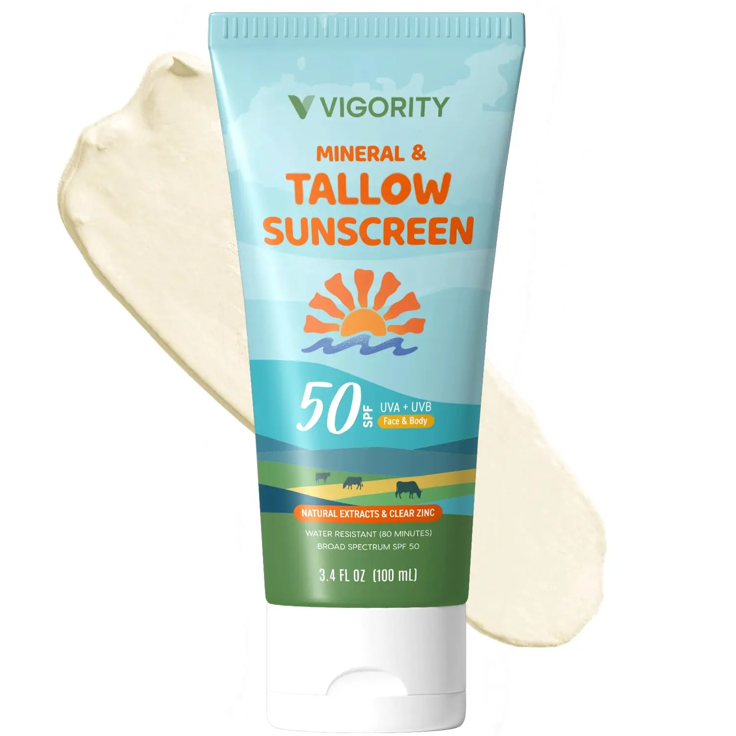 Vigority Beef Tallow Sunscreen Lotion with Zinc Oxide - Natural, Non-Toxic, Gentle, Moisturizing SPF 50 Body Care Sun Cream for Face & Daily Use, 10 Food-Grade Botanical Extracts, Kids Safe, Water-Resistant, 3.4 FL OZ, Moisturizing Sun Cream, Fragrance Fr