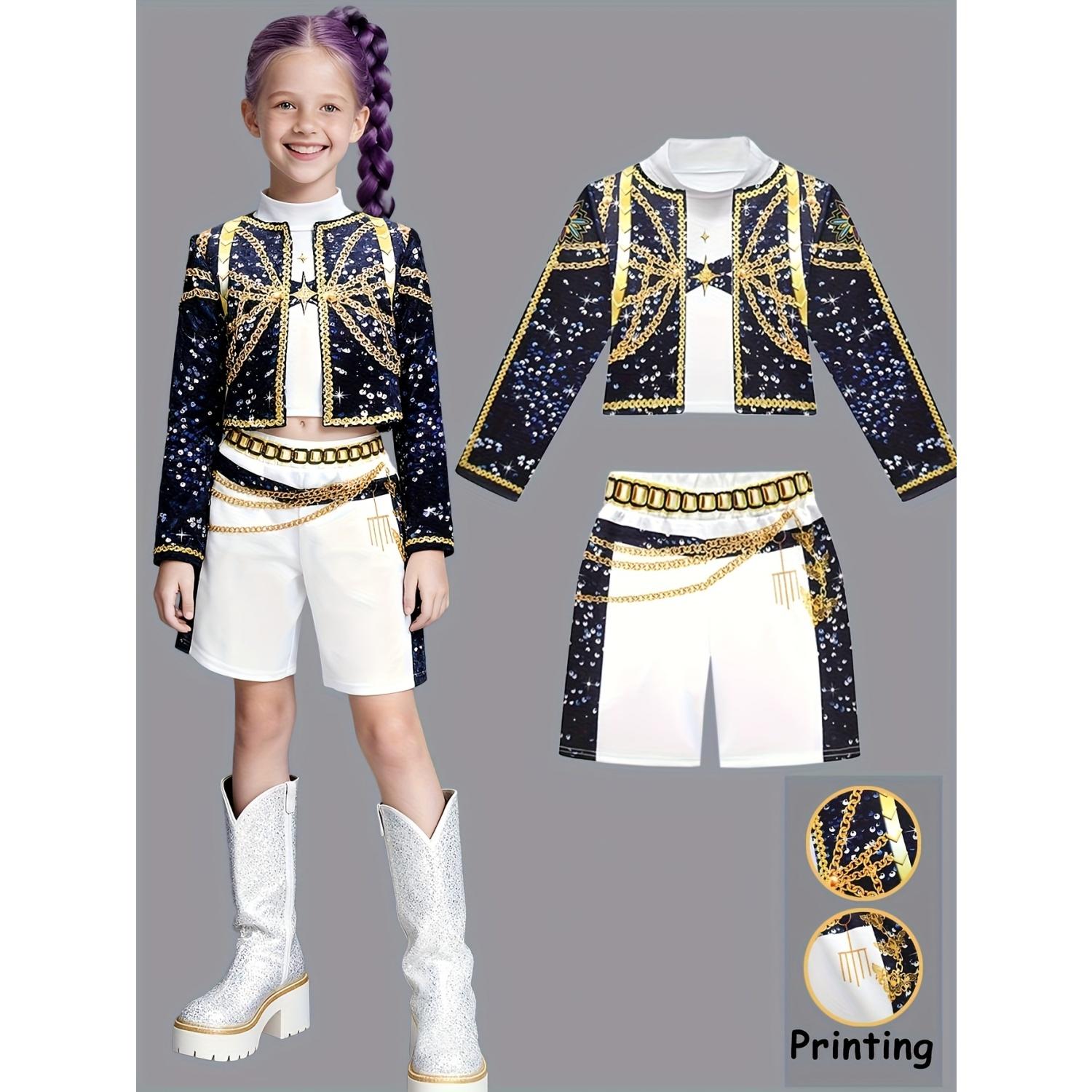 Girls K-POP Rumi Mira Role Play Costume Set 3pcs Suitable for all seasons, featuring 3D printed patterns and a celebrity-inspired style designed specifically for children. Crafted from comfortable fabric to create a true superstar look