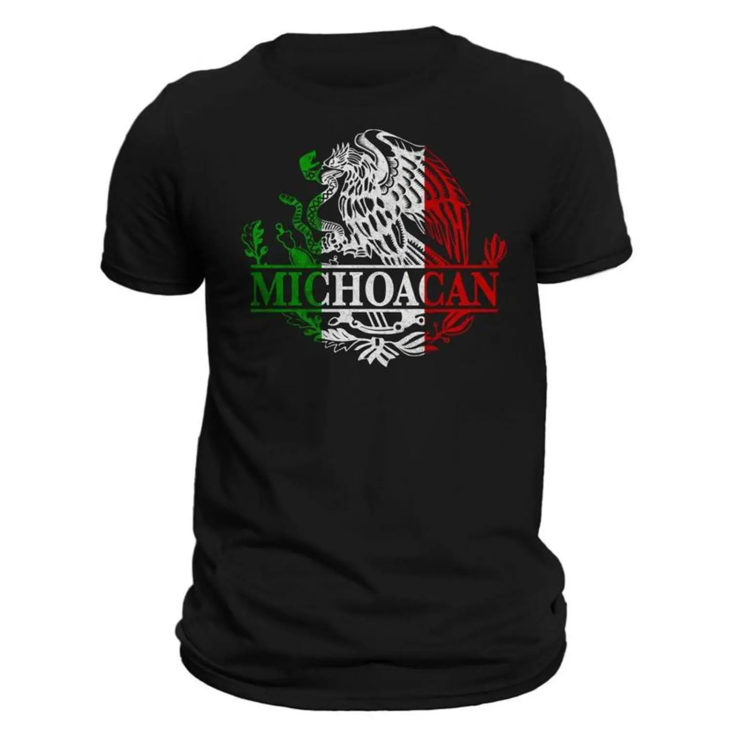 Michoacan Mexico Eagle Emblem and Mexican Flag T-shirt Crafted from 100 Percent Ring spun Combed Cotton with a Crew Neck Casual Design Regular Fit Lightweight and Machine Washable Classic Style