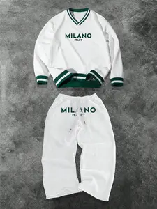 Street Casual Set Unisex Stacked Collar Sweatshirt Long Sleeve Print Pants Two-Piece Set, Colorblock, American Retro School Style