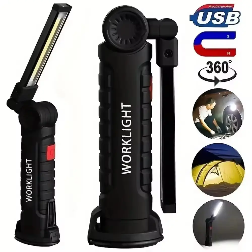 Outdoor Multifunctional Folding Light, Portable COB Work Lamp with Magnetic Base and Hook, USB Rechargeable Flashlight, Rechargeable Torch, Battery Display, 360° Rotation, Portable Working Lights
