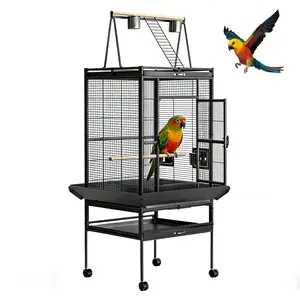 68" Large Standing Bird Cage, Rolling Parrot Cage with Play Top & Feed Bowls, Flight Bird Cage with Pull Out Tray for Parrots, Cockatiels, Budgies