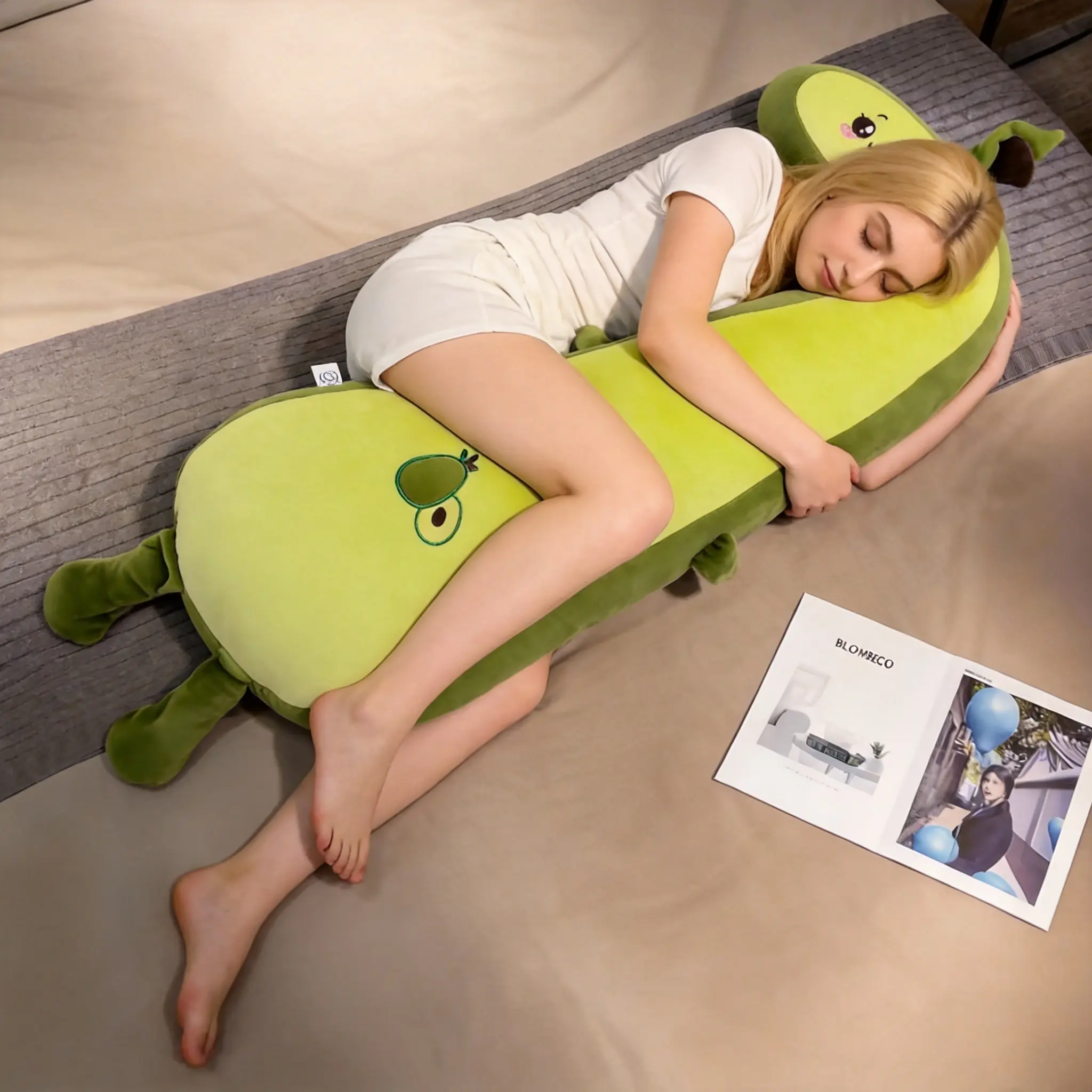 Trending J-type leg-holding hugging pillow — cartoon little yellow duck and avocado fruit hugging pillow; ultra-soft side sleeping companion pillow for bed; leg-holding hugging pillow; soothing birthday gift for girls