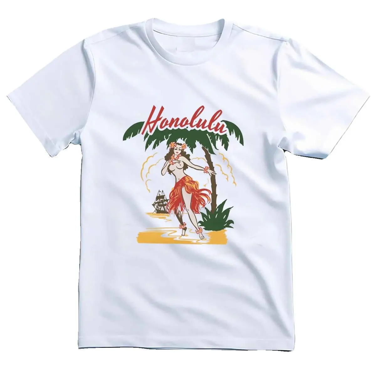 Vintage 50s Honolulu Hawaiian Shirt, Retro 1950 Boho Graphic T-Shirt, Trendy Beach Summer Hula Girl Shirt, Unisex Cotton Basic Men's T-Shirt