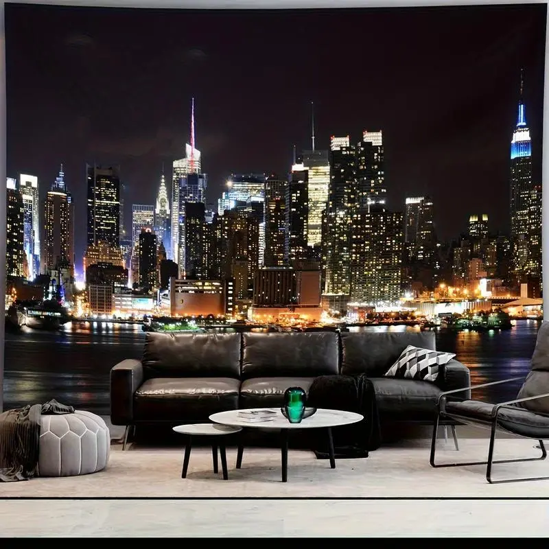 Modern Night Cityscape Tapestry Wall Hanging - Hand Sewn Synthetic Fabric, Fade-Resistant, Lightweight, Machine Washable, Horizontal Skyscraper & Water Reflection Tapestry Wall Mural for Living Room, Dorm Decoration Room Art