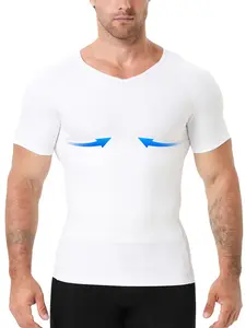 Men's V-Neck Shaping Short Sleeve Shirt, Tight-Fitting Slim Fit, Abdominal Dual Layer Compression Tummy Control Innerwear, Gym Workout Sportswear