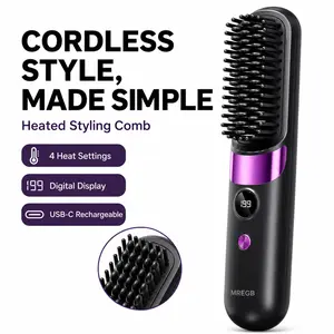 MREGB Cordless Hair Straightener Brush, Portable Wireless Thermal Brush & 2-In-1 Curling Iron Comb with Smart LED Display, USB Rechargeable Styling Tool with Adjustable Temperature, Anti-Scald Travel Gadget for Women