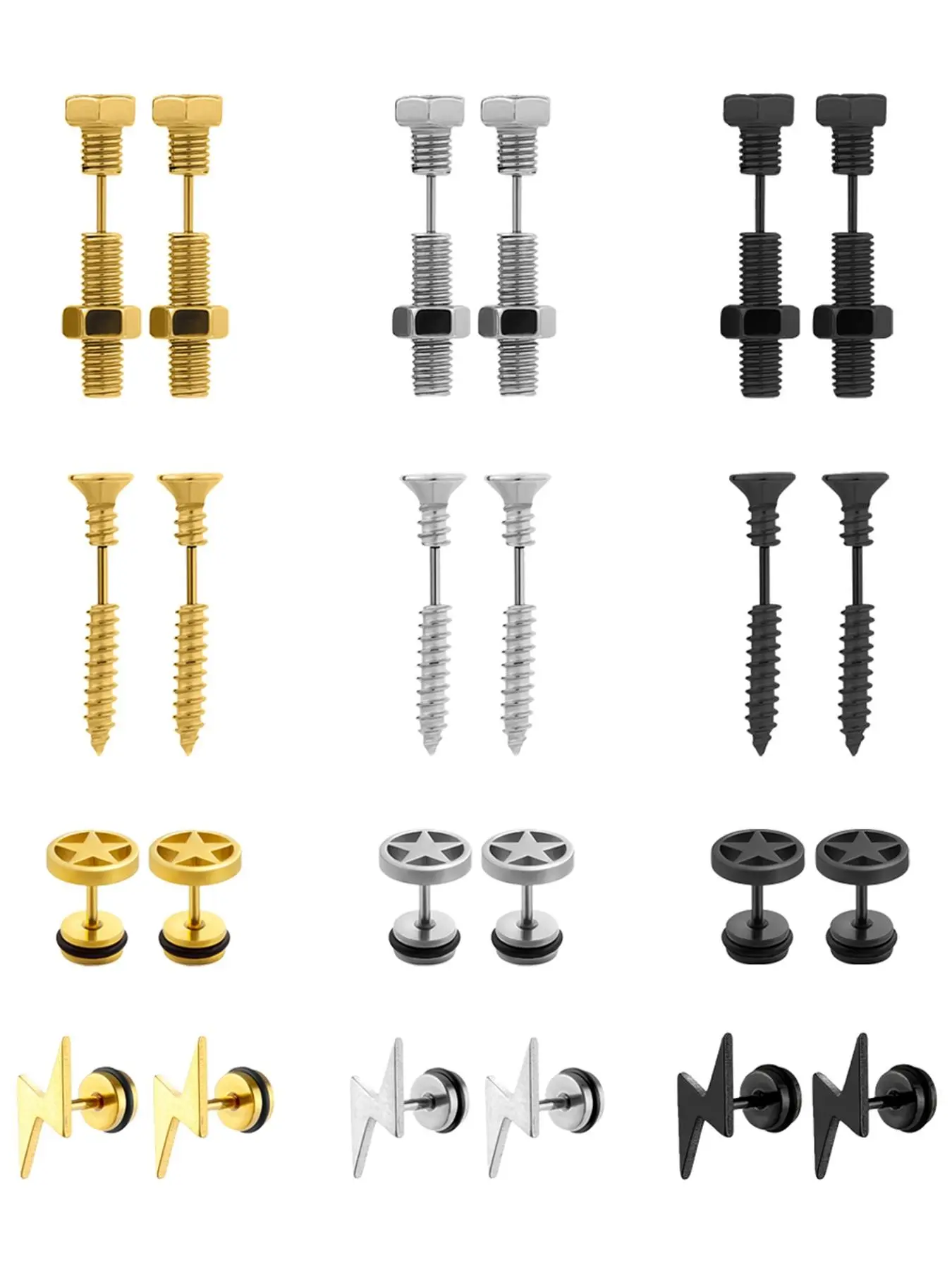 Punk Style Screw & Star & Lightning Design Earrings Set, 12 Pairs Stainless Steel Stud Earring Pack for Men & Women, Fashion Stainless Steel Jewelry for Party, Exquisite Jewelry for Birthday Gift, Ear Studs