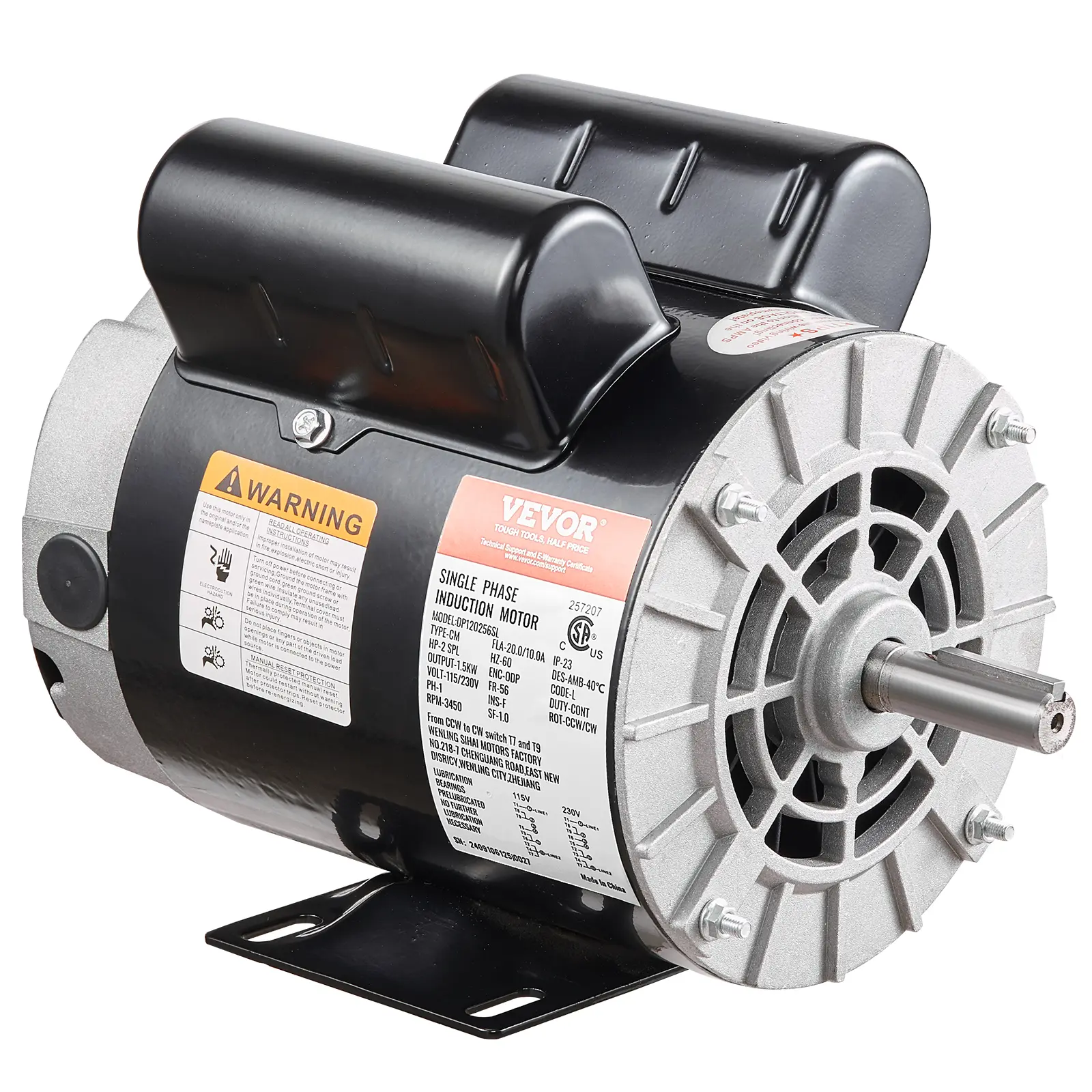 【Summerfinds】VEVOR Industrial Heavy Duty 2HP SPL Air Compressor Electric Motor, 115/230V, 20/10 A, 56 Frame, 3450RPM, 5/8" Keyed Shaft, 1.88" Shaft Length, Single Phase, Reversible for Easy Wiring, Hardware, Steel, Clean Dry Air Tool Power Tool