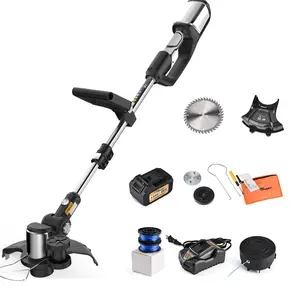 Cordless String Trimmer Lawn Mower with 90° Reverse Head Comfortable Auxiliary Handle Anti-collision Wire Protection Frame and Enlarged Safety Shield