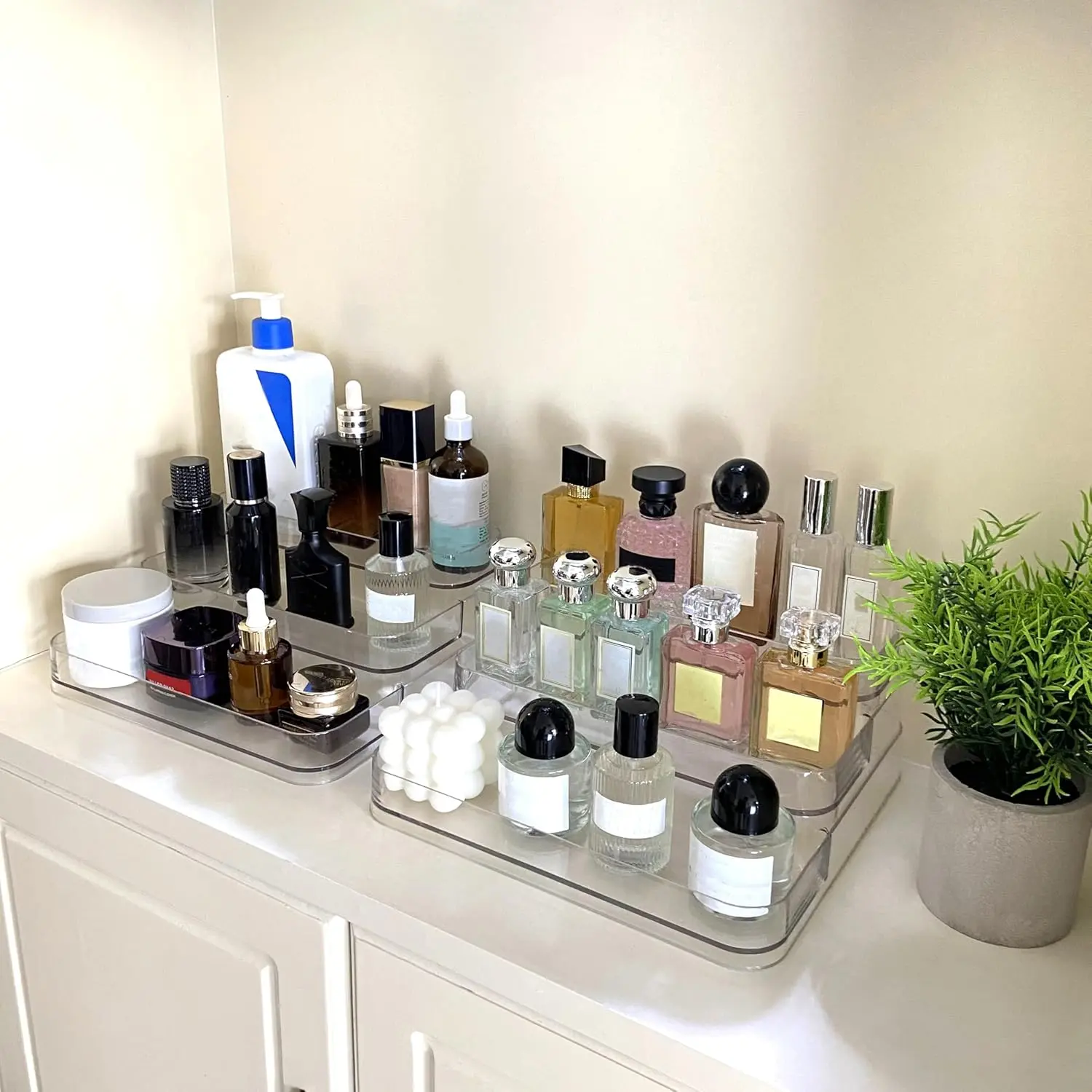 3-Tier Clear Acrylic Cosmetic Holder - Sturdy Home Supplies Organizer with Rounded Edge Safe Design, Consumables Storage, Countertop Storage Container for Perfume, Lotion, Skincare, Spice, Vitamins, Medicine Bottles
