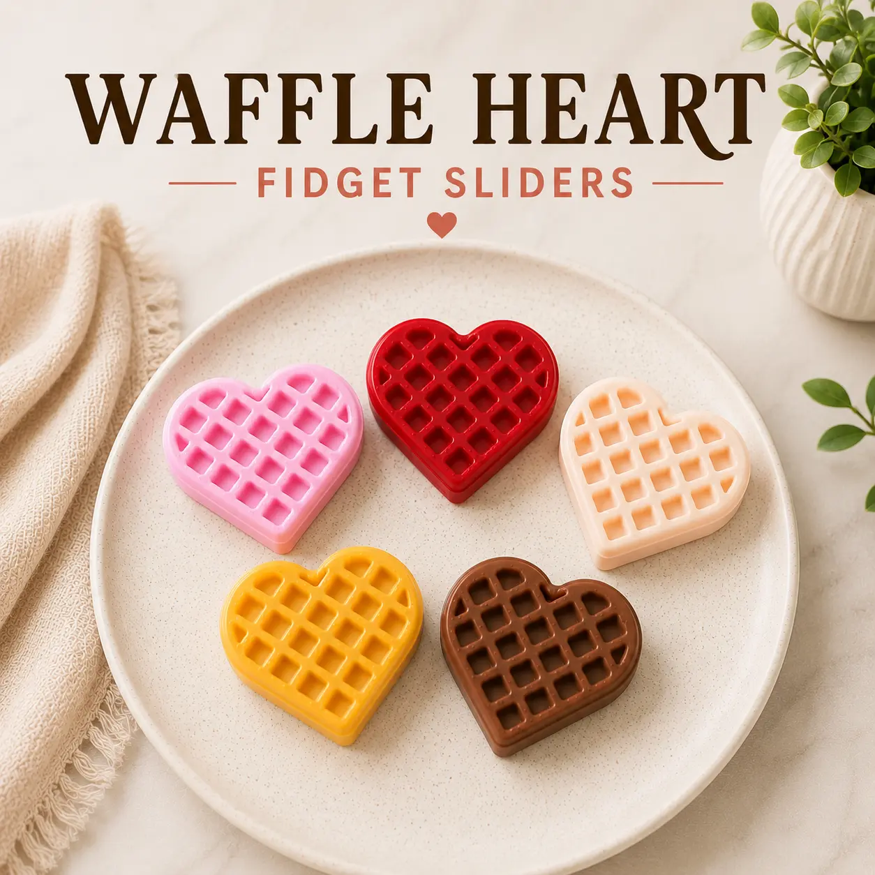 Waffle Heart 3D Printed Fidget Slider, PLA Plastic Fidget Toy for 12+ Years, Quiet Desk Sensory Tool, ASMR Stress Relief Gift, Pick Your Flavor 3D Printed Stuff for Hand Relaxation calm anxiety kid