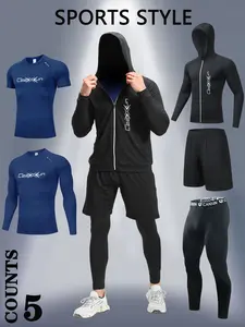 5-Piece Compression Breathable T-Shirt Set, Tight-Fit Pants, Pocket Shorts, Zip Hooded Jacket, Round Neck, Elastic, Fashion Print, Athletic Activewear Tracksuits