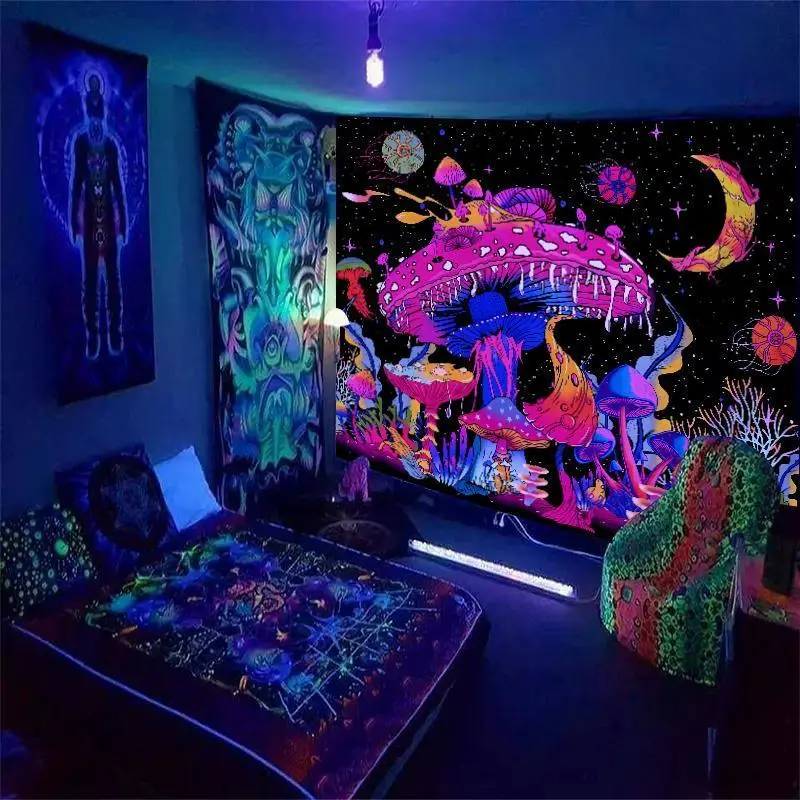 Tapestry  Fluorescent Mushroom Print Tapestry, UV Black Light Home Decor Posters Tapestry, Glow In The Dark Wall Hanging for Living Room, Bedroom Accessories, Summer Gift