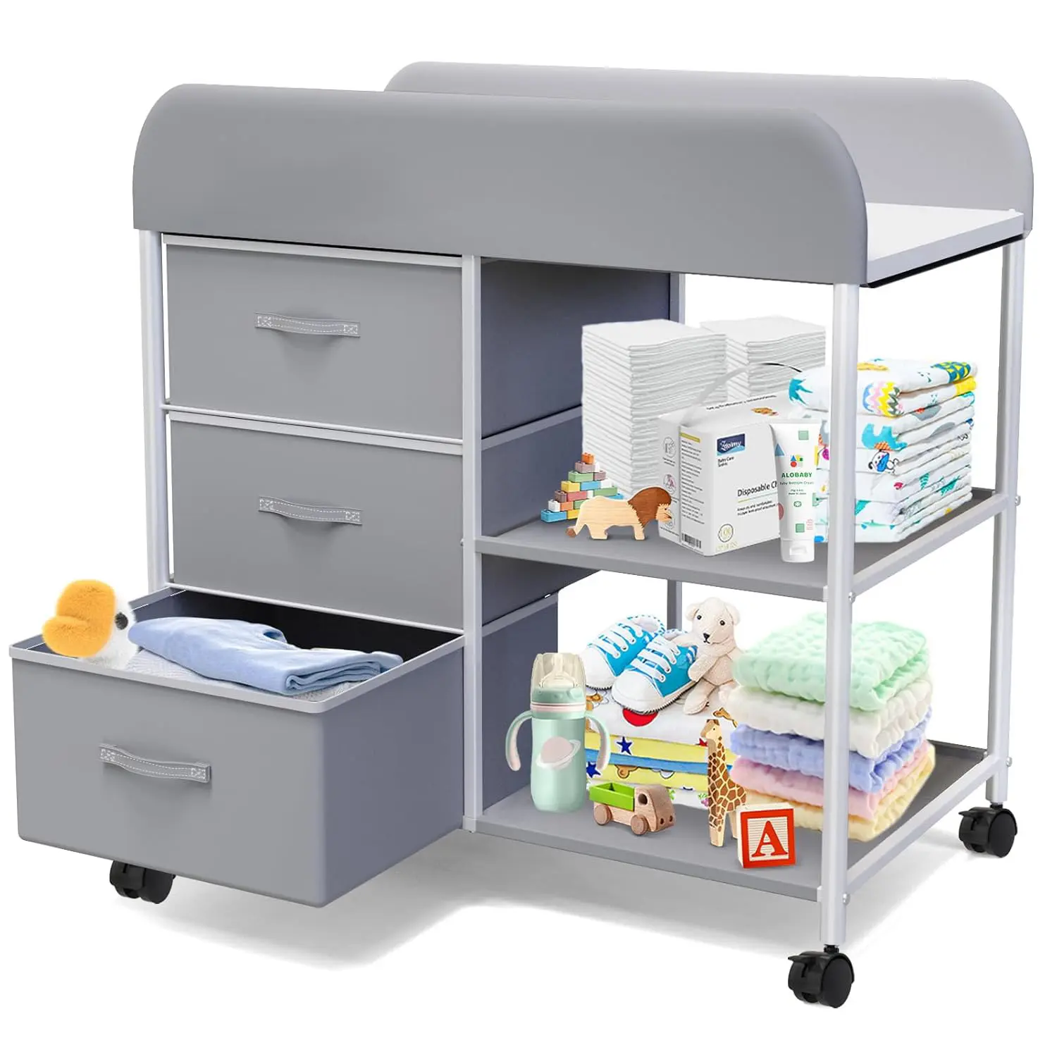 Portable Baby Changing Table and Diaper Station on Wheels, Nursery Furniture for Newborns with 3 Baskets, Waterproof Pad, Sturdy Steel Frame, Baby Items #tiktokshopsummersale