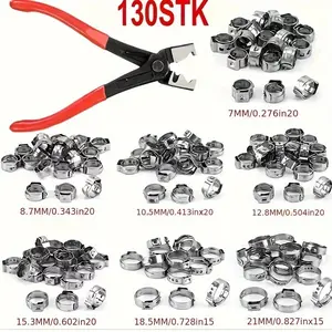 130 Piece Spring Hose Clamp Set with Manual Pliers Galvanized Metal Tool Kit, Hand Tools, Durable Soft Tube Clamps for Air Water Pipes