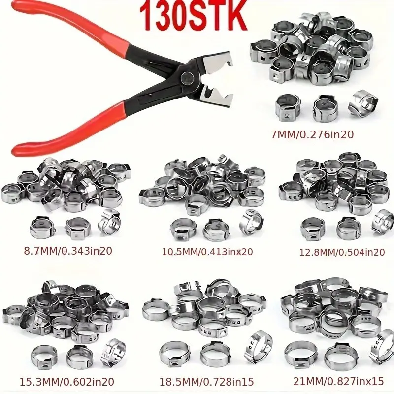 130 Piece Spring Hose Clamp Set with Manual Pliers Galvanized Metal Heavy Duty Tool Kit, Hand Tools, Durable Soft Tube Clamps for Air Water Pipes