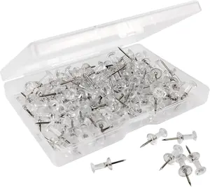 100-Pack Extra-Long Large Clear Push Pins, Transparent Plastic Steel-Point Thumb Tacks for Cork Board, Office Stationery Fasteners Cursive Handwriting Workbook Teens