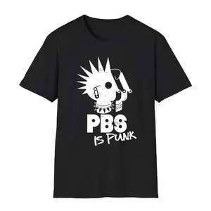 PBS Is Punk T-Shirt, Funny Retro Punk Rock Parody Tee with Spiky Hair & Safety Pins, Public Broadcasting Defender Shirt for Rebels