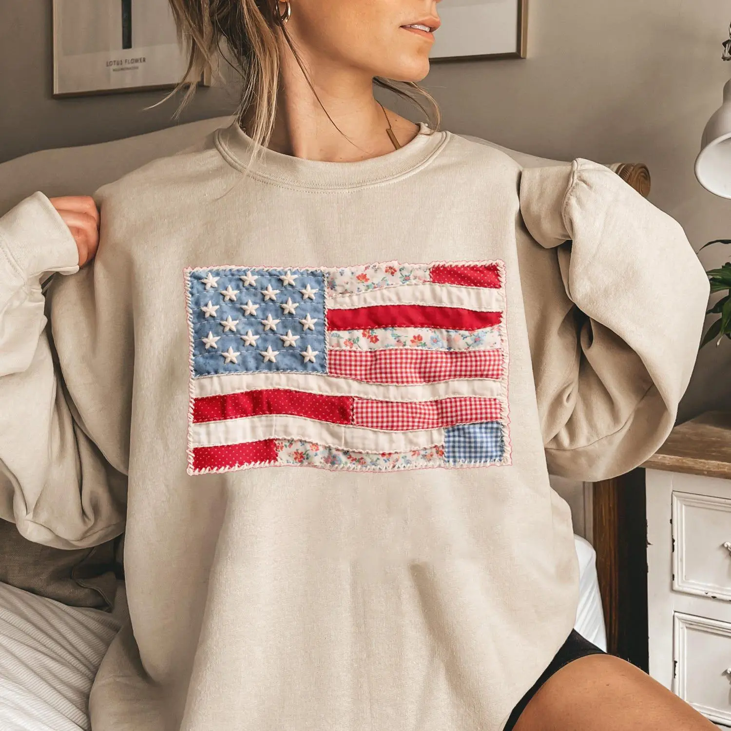 Retro American Flag Sweatshirt, Faux Patchwork USA Tee, 4th of July Shirt, Patriotic Graphic Shirt, Fourth of July Shirt