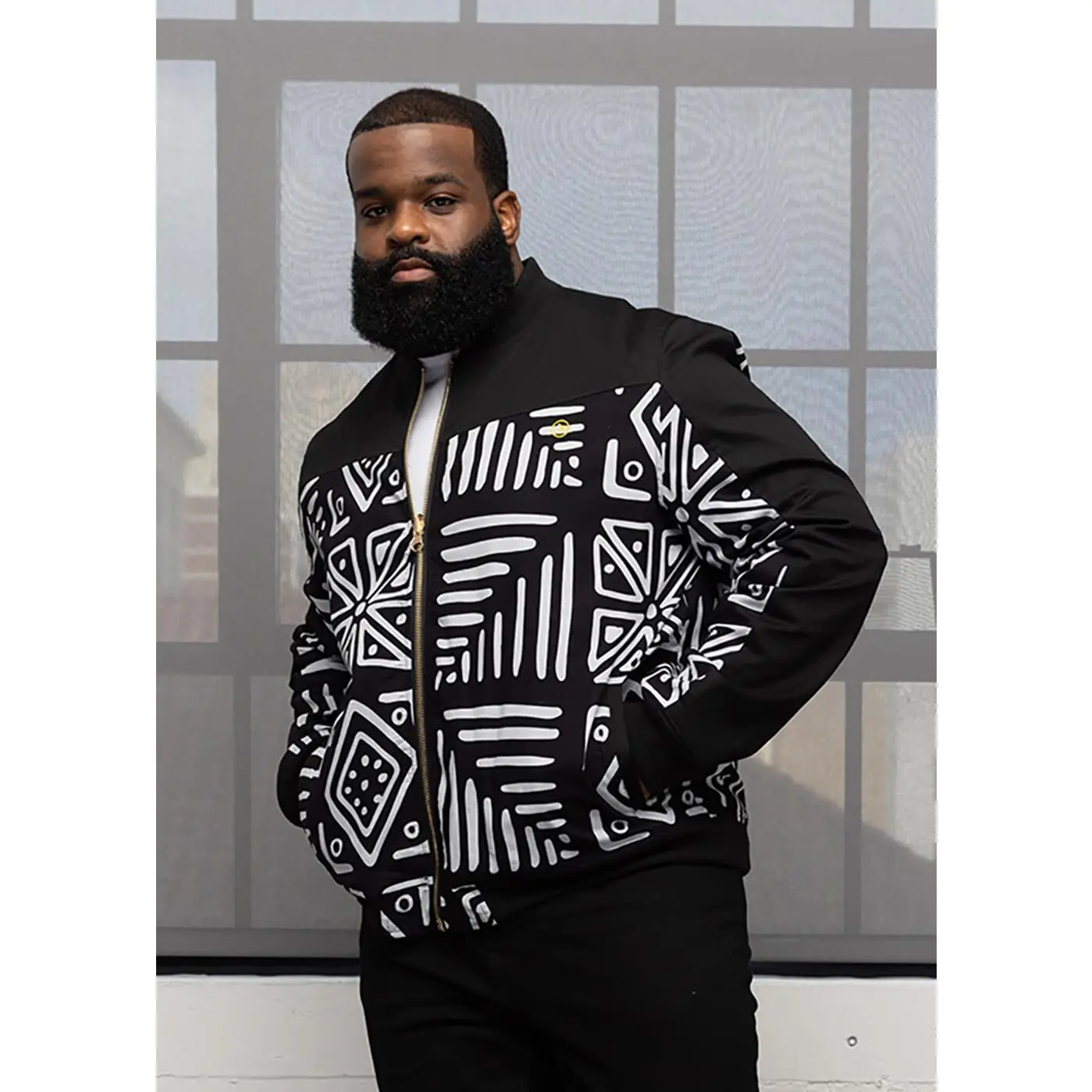 Ise Men's African Print Reversible Bomber Jacket (Grayscale Tribal)