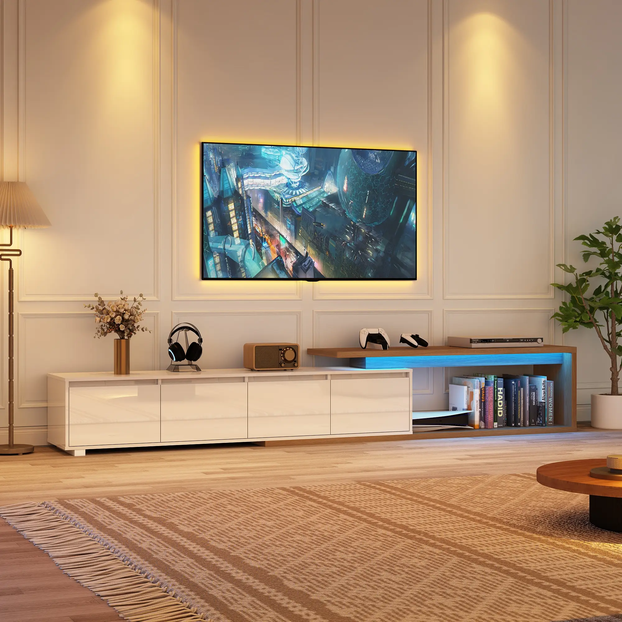 Extendable TV Stand with LED Light, Modern Entertainment Center for up to 120 Inch TV, Wood TV Media Console with 2 Drawers & 2 Cabinets for Living Room Bedroom, 75"-110"