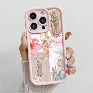 Virgin Mary Pattern Phone Case , Soft Silicone , Fully Protected and Shockproof For iPhone 16 15 Pro Max 14 16Pro 13 12 11 MAX Plus Pink Trendy Girl