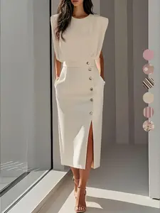 New Elegance Commuter Slimming Fashion Dress, Button Split Versatile Striped Mid-Length Women's Dress, Stylish Office Wear, Elegant