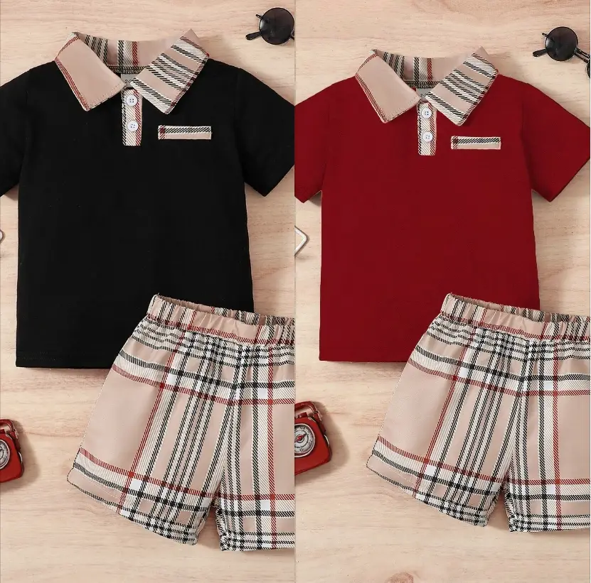 Ready Stock 18m-6y Kids Clothes Short Sleeve Patchwork Lapel Shirt Elastic Plaid Short Set 2Pcs Casual Outfit 224041622 Polo Shirt