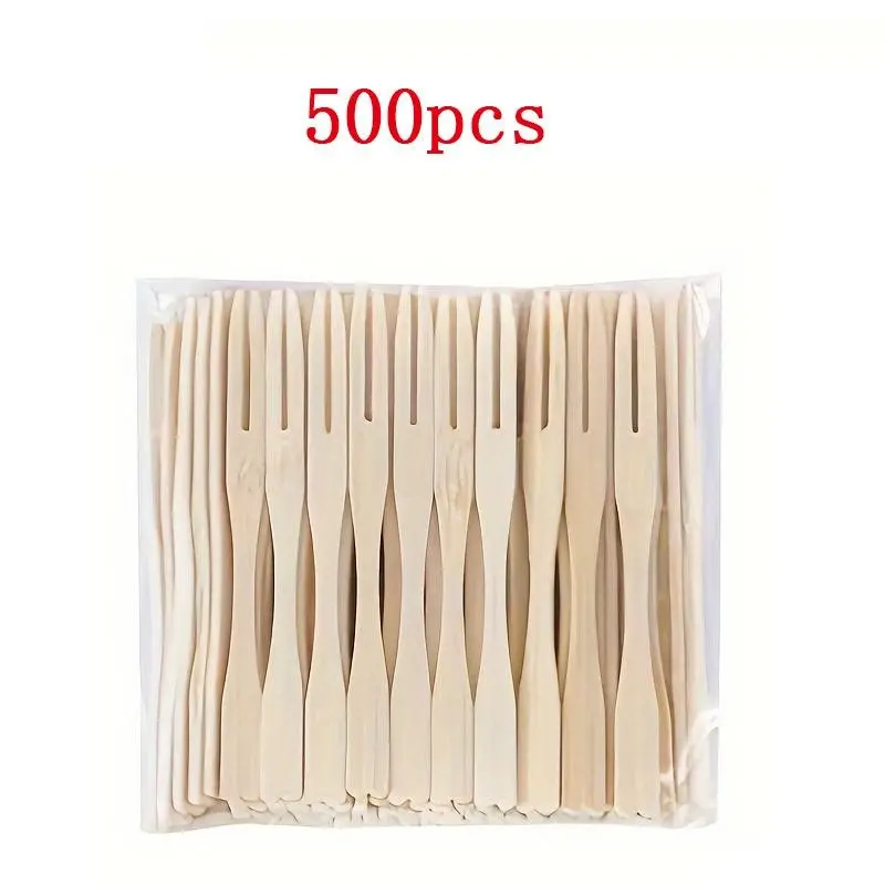 500pcs Bamboo Forks 8.5cm/3.4Inches, Disposable Mini Food Picks, Double Prong Fruit Cocktail Forks Blunt-end Forks, Disposable Tableware