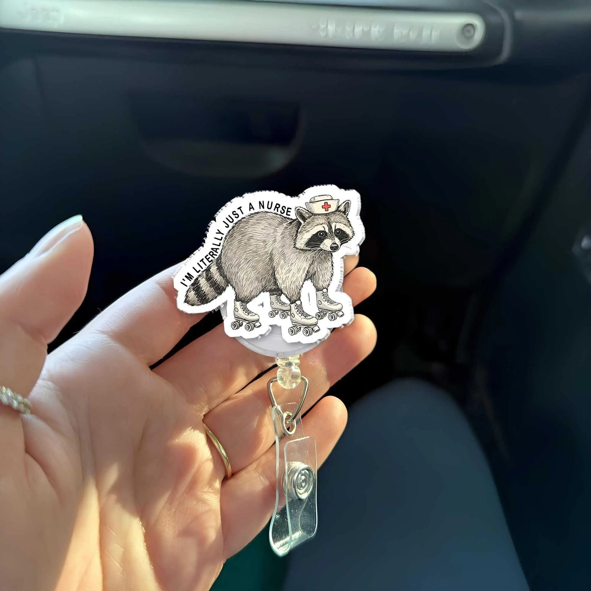 Funny Raccoon Nurse Badge Reel: Sarcastic RN ID Holder