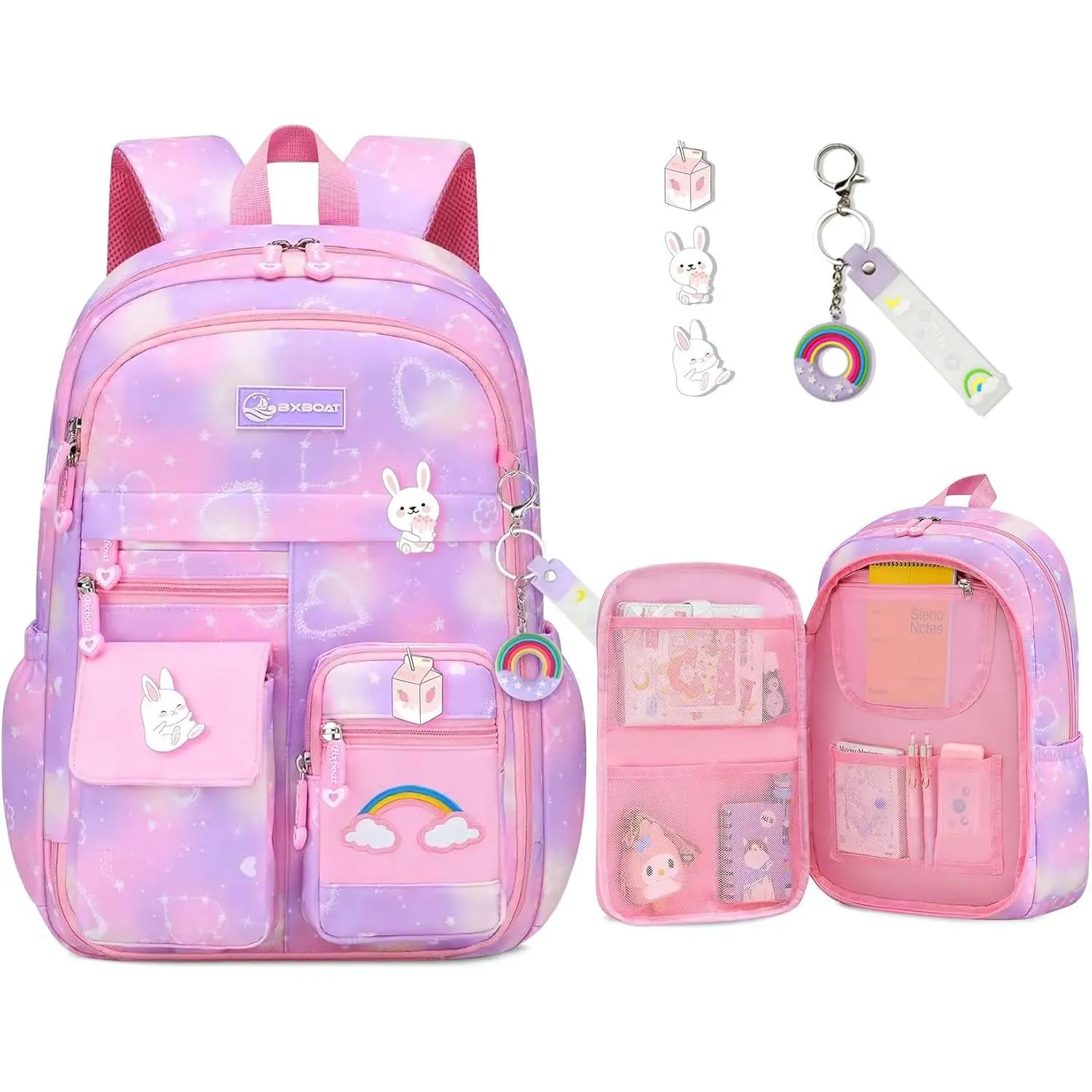 Girls' 18" Large Pastel Rainbow Backpack, 3-Piece Waterproof School Set with Lunch Box, Pencil Case & Heart Zipper, Rainbow Bag, Backpack Heart