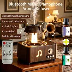 Retro Bluetooth Music Record Player Aroma Diffuser, Waterless Automatic Shut-off with Remote Control, White Noise, Raindrop, Multiple Color Lights, Rotating Raindrop Humidifier