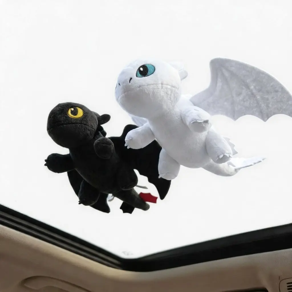 Toothless Dragon Theme Cotton Plush Car Ornament Trinkets - 2-Size Figurine Set (L-13.8"/M-7.9"), Movable Wings Sunroof Adhesive Mount Auto Accessory, Easy-Install Vehicle Decor Fan Gift
