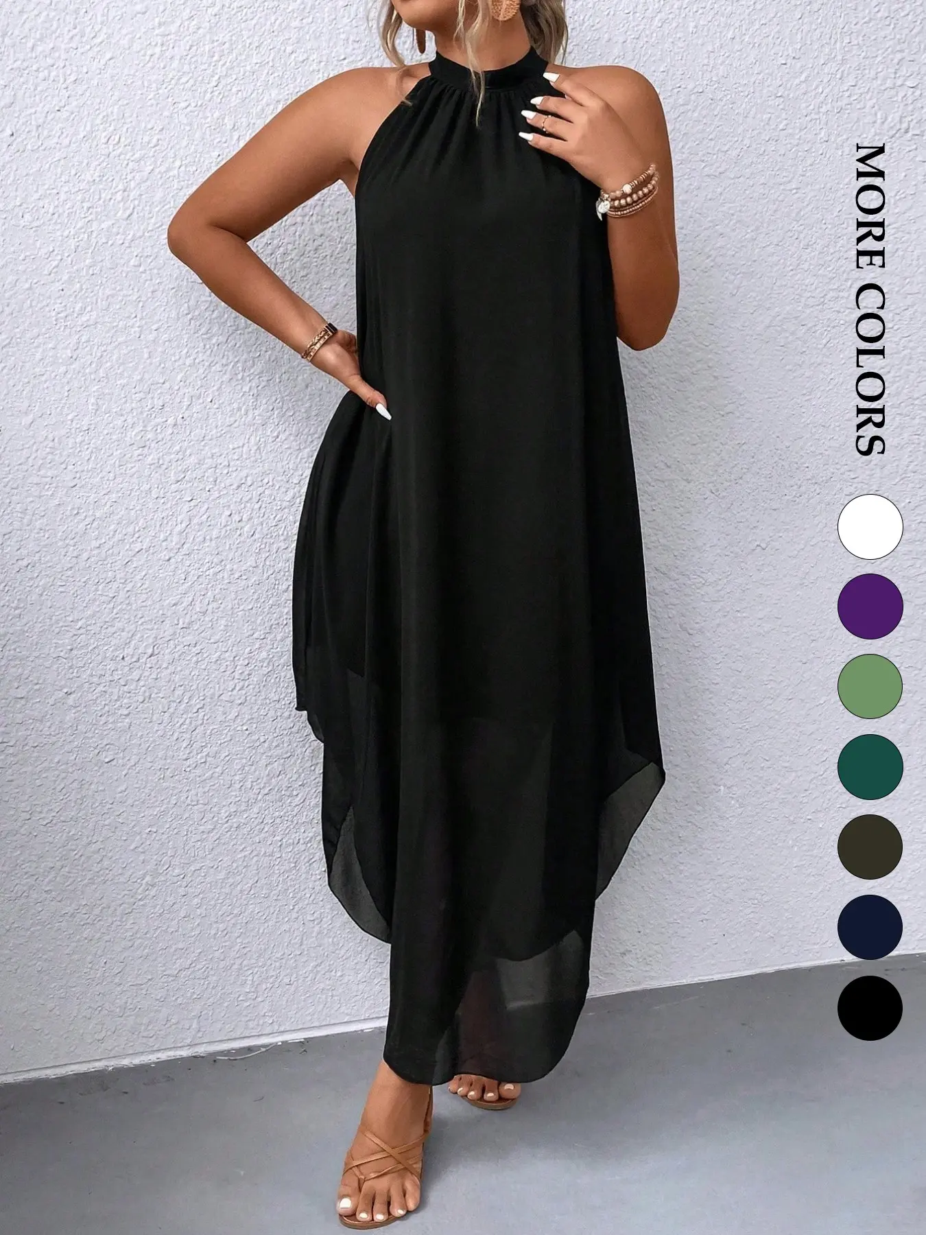 Women's Plus Size Halter Neck Long Dress, Double Layer Design, Casual Flowy Asymmetrical Hem Dress, Trendy Summer Wear for Wedding Guest and Evening Party