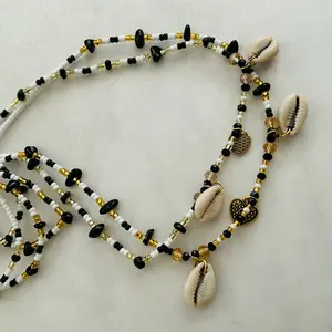 Obsession Waistbeads Black White and Gold Seed Beads with Obsidian Crystal and Cowrie Shell African Waist Bead Jewelry