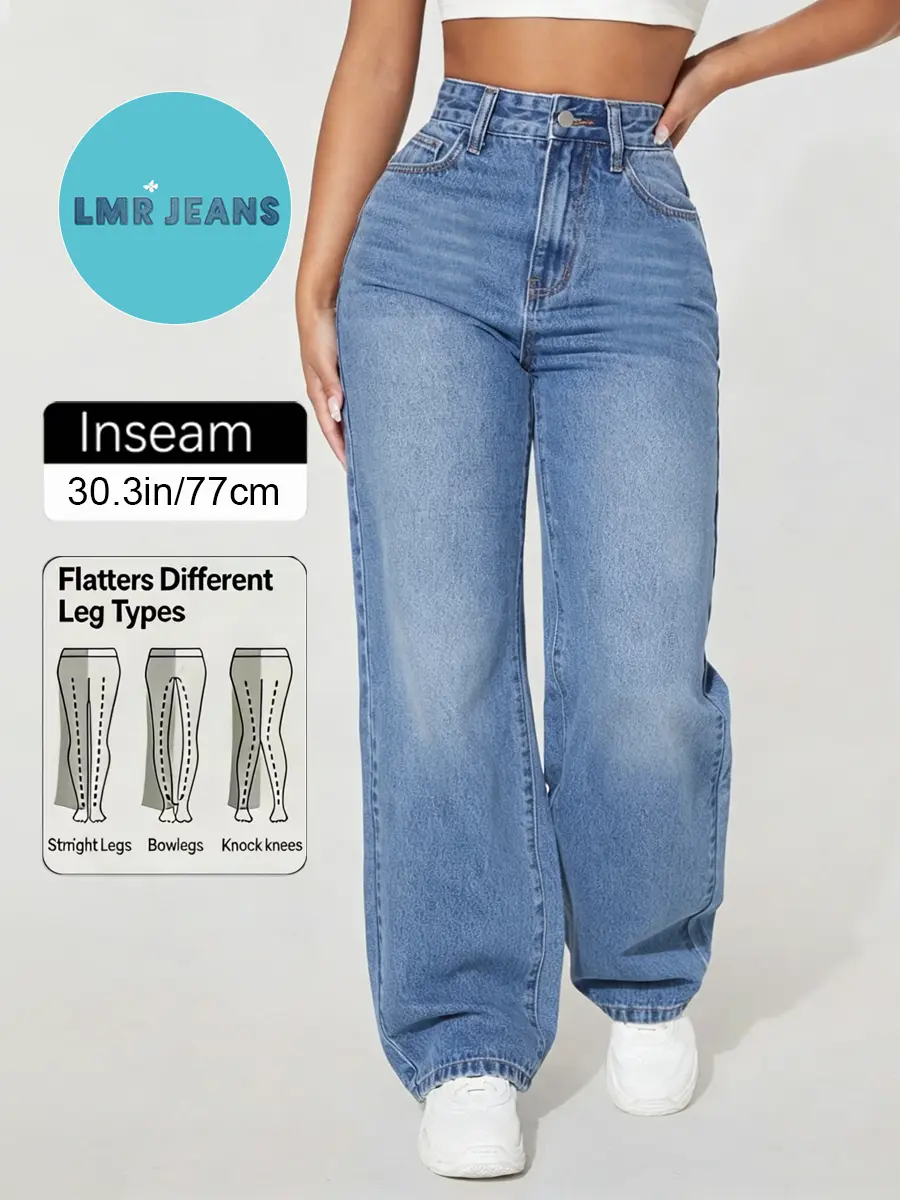 Women's High-Waisted Wide Leg Jeans, 90s Vintage Baggy Denim Trousers with Pockets, Casual Light Wash Streetwear, Trouser, Lady, Basic, Bottom, Pants, Baggy Cut, Straight Leg Jeans,  Minimalist Mom Jeans