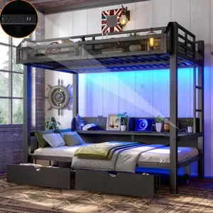 Bellemave Twin over Twin Bunk Bed with Storage Shelves and Drawers,Multifunctional Metal Bunk Beds with USB Ports and LED Lights, Lower Bed that can be converted into a sofa, Black