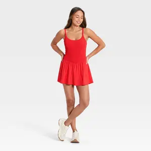 Women's Drop Waist Smocked Active Dress - JoyLab Red M