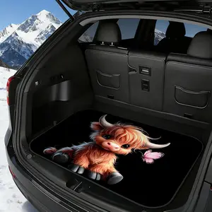 1pc Cute Highland Cow & Butterfly Car Cargo Mat - Durable All-Weather Floor Liner with Red & Checkered Design, Fit for SUVs, Sedans, Hatchbacks, Car Cargo Liner, Sedan Floor Cover, Playful Design, Sturdy Construction, Car Floor Mats