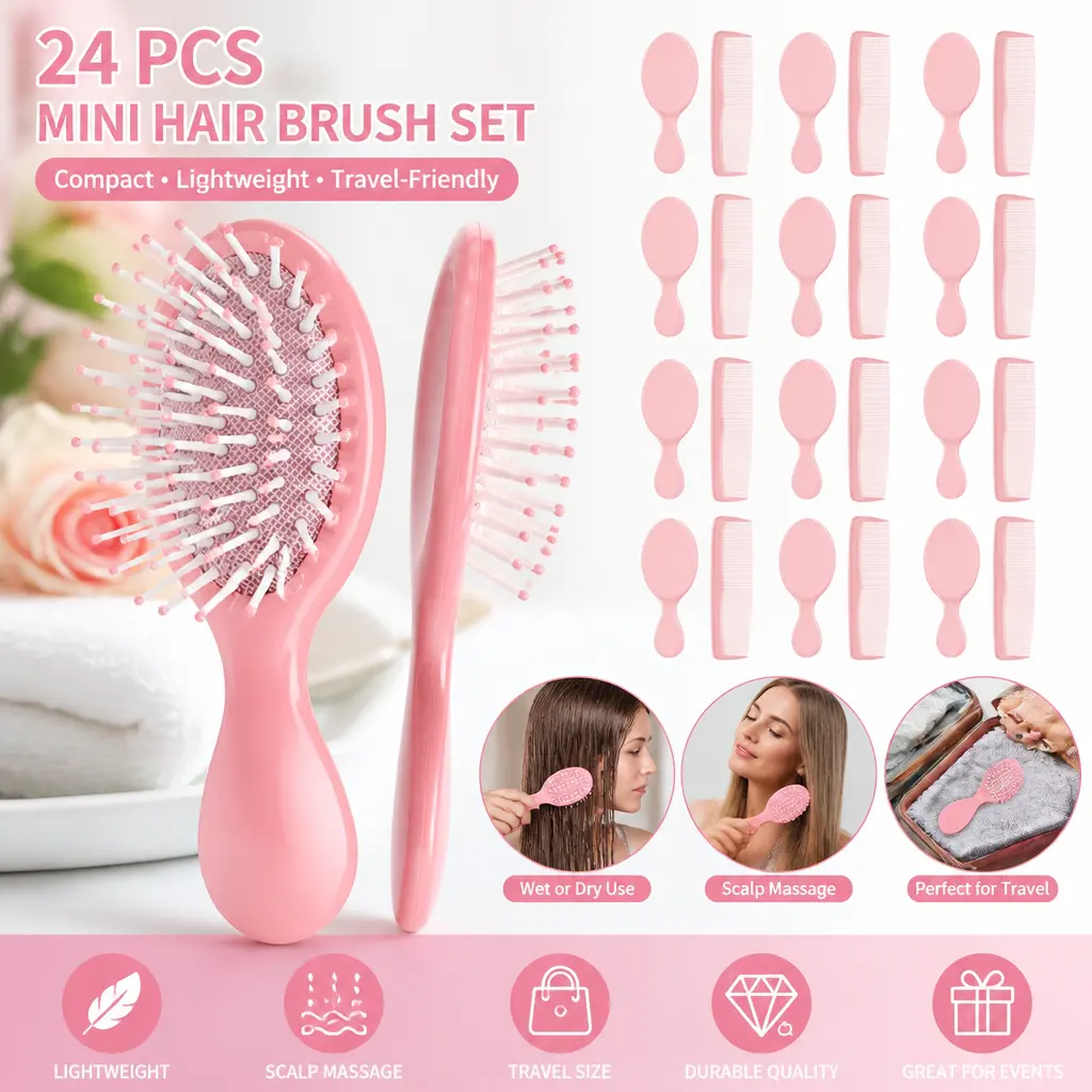 Mini Hair Brush & Comb Set (24-Pack) - 12 Travel Detangling Brushes for Wet, Dry & Curly Hair, 12 Pocket Combs, Compact Spa Gift Kit for Bachelorette Occasions