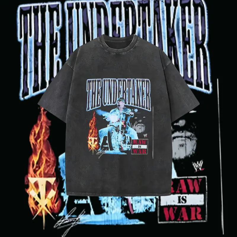 Men's Undertaker Graphic T-Shirt, Vintage Wash Biker Style Short Sleeve Streetwear for Wrestling Fans, Top, Round Neck, Menswear, Sleeves, Casual, Tee, Shortsleeve, Unisex Look