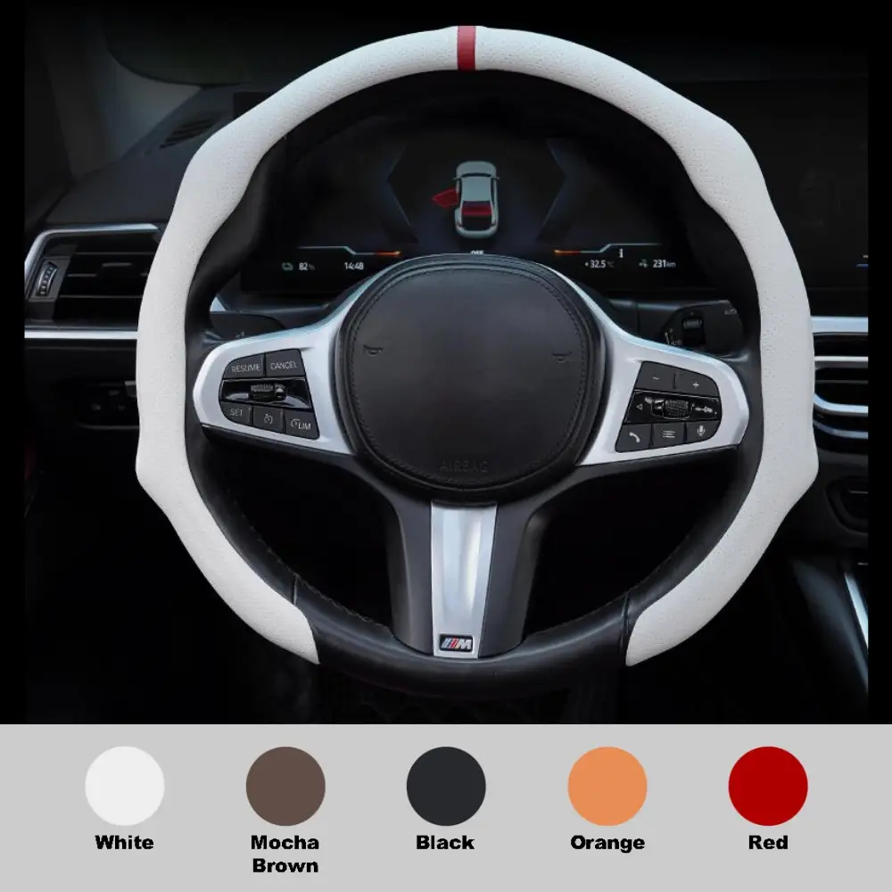15Inch 5D Premium Nappa Leather Steering Wheel Cover | Ultra-Thin Breathable Anti-Slip Sweat-Resistant | 1-Min Easy Install | Universal Fit for All Ve