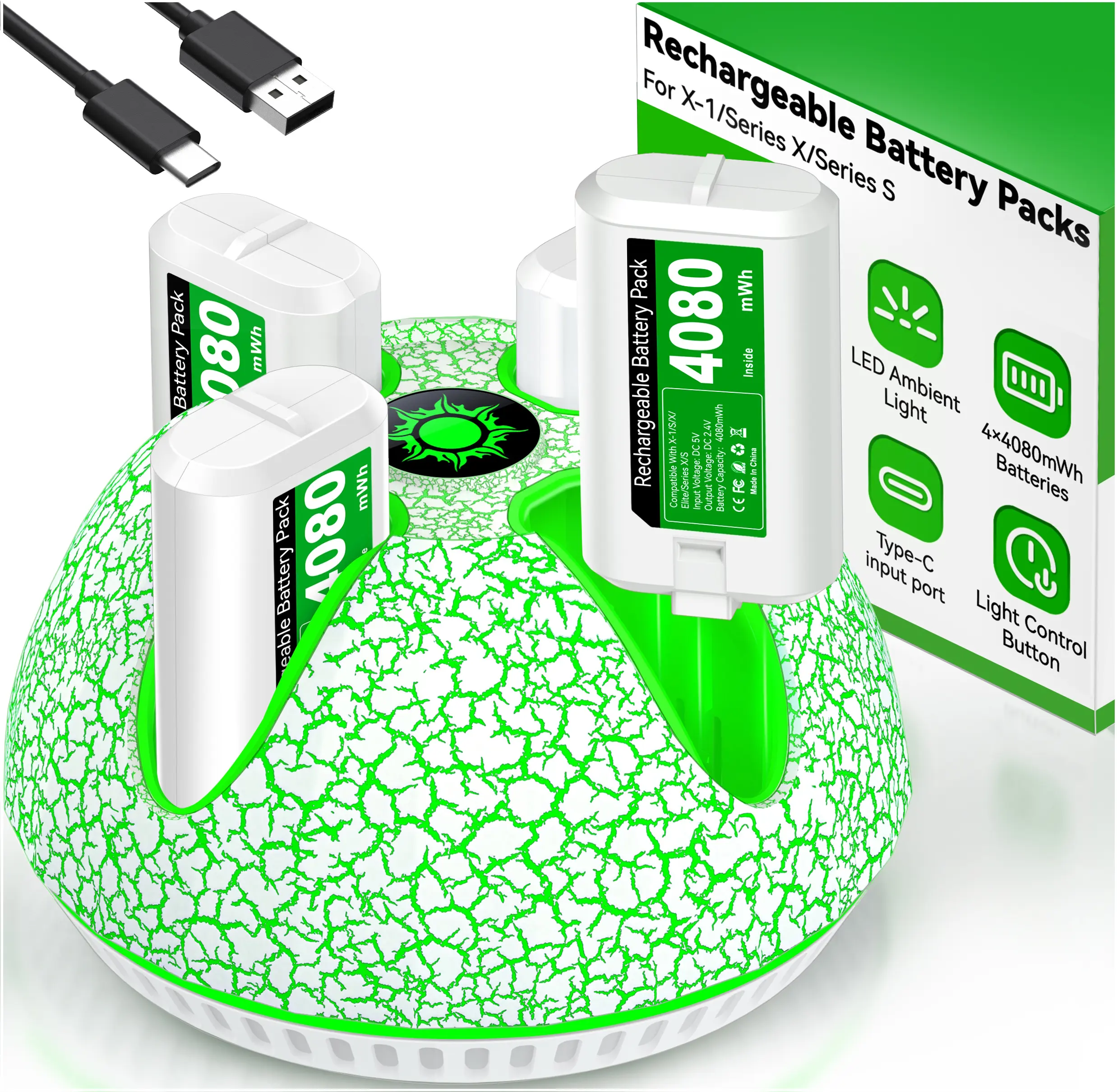 4x4800mWh Rechargeable Battery for Xbox One/Xbox Series X|S Controllers, Xbox Series X Controller Battery Pack Charger Station for Xbox One/One S/One X/Elite(4 Packs)