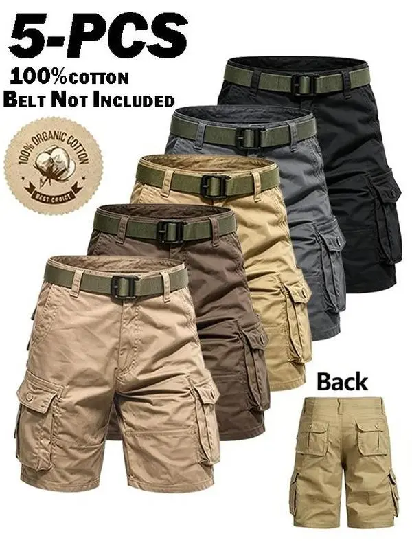 5-PACK Men Vintage Cotton Cargo Shorts Mid Waist Straight Knee Chino Bottoms Loose Fit Soft Breath Summer Multi Pocket Casual Pants Outdoor Hiking Walking Daily Travel Trendy Male Streetwear Light Solid Color Daily Holiday Weekend Daily Casual Walking