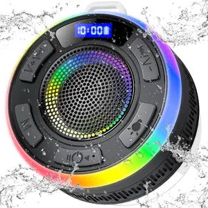 Bluetooth Shower Speaker, Portable Wireless Speakers IP7 Waterproof with Suction Cup and Time Display, BT5.3 Dynamic LED Lights and Dual Stereo Pairing, 1100mAh Bathroom Speaker for Home/Party/Outdoor
