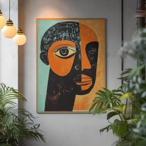 Unframed, Room Decor, Picasso Woodcut Style, Bold Afrocentric Wall Decor in Orange And Black, Abstract African Face Art Print