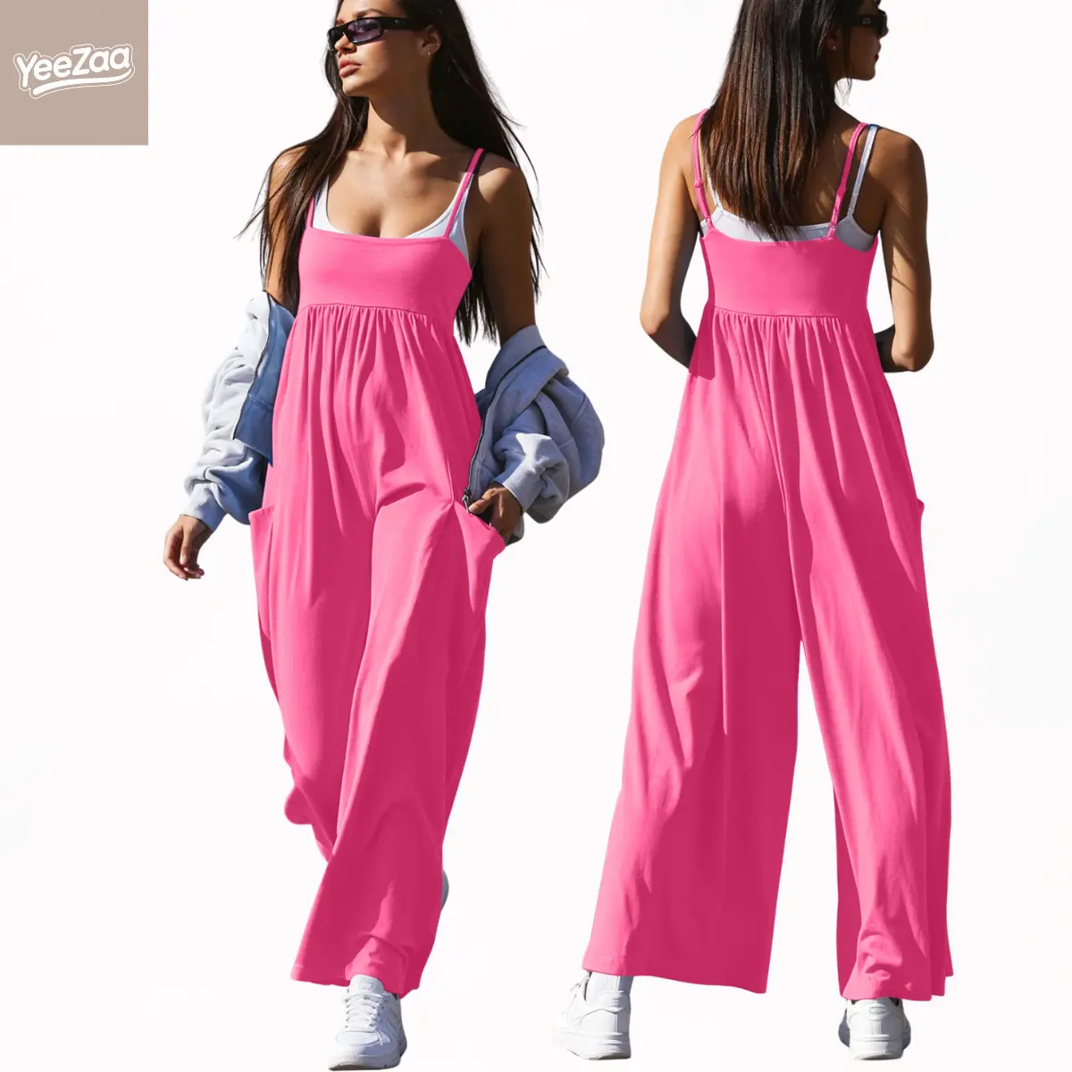 YeeZaa Strappy Onesie Overalls 95% Cotton One Piece Jumpsuits Back to School First Day Outfit College Outfit Transitional Fall Look Hot Shot Overall Loose Fit Wide Leg Jumpsuits 2026 Spaghetti Adjustable Strap Jumpsuit with Pockets